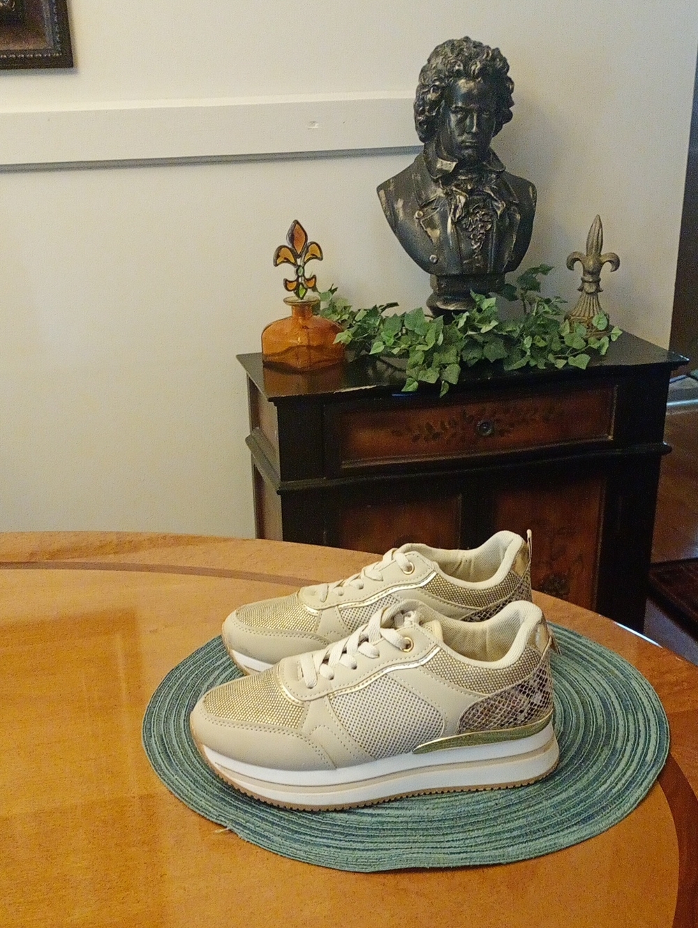 Women's Neutral Gold Platform Sneakers - Casual Comfort Janessa Sz 36